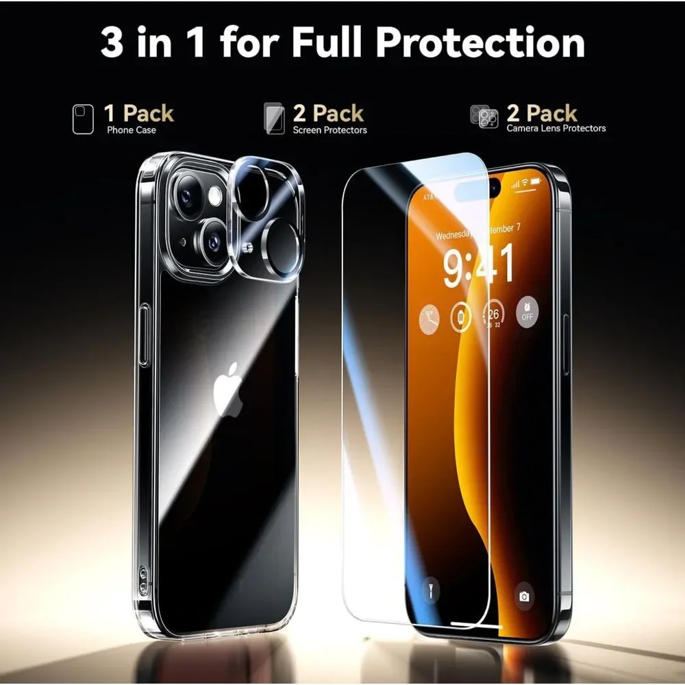 Diamond Clear for Iphone 15 Case with 2X Screen Protector + 2X Camera Lens Prote